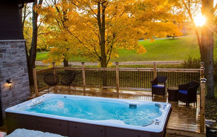 Swim spa maintenance in the fall - spa under tree with yellow leaves